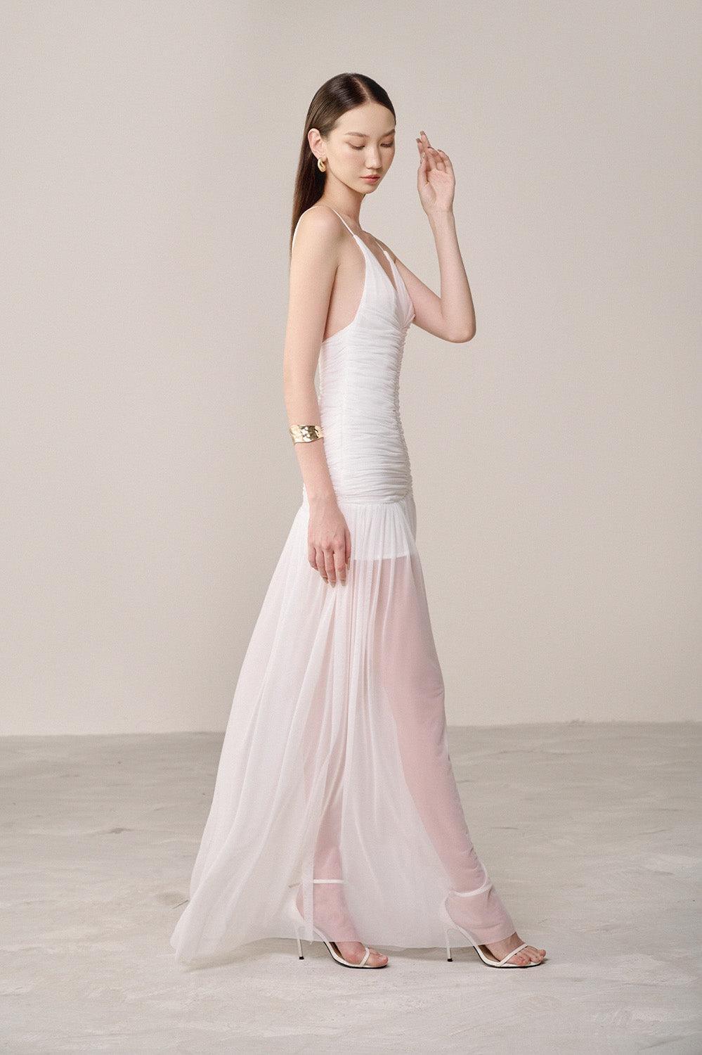 BELEN WHITE ORGANZA MAXI DRESS, SPAGHETTI STRAP DROP WAIST