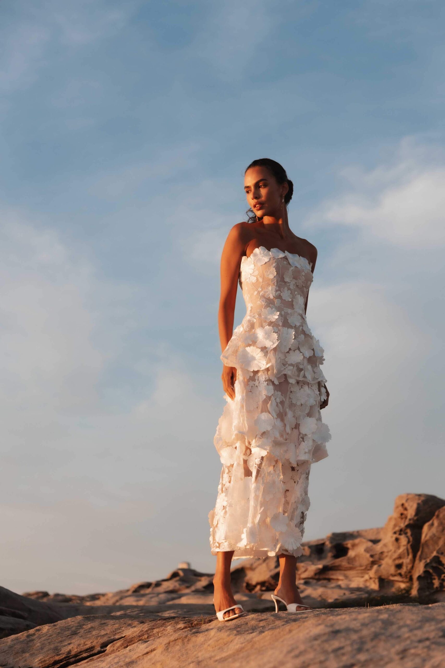 SELENE 3D FLOWER TIERED WHITE MAXI DRESS