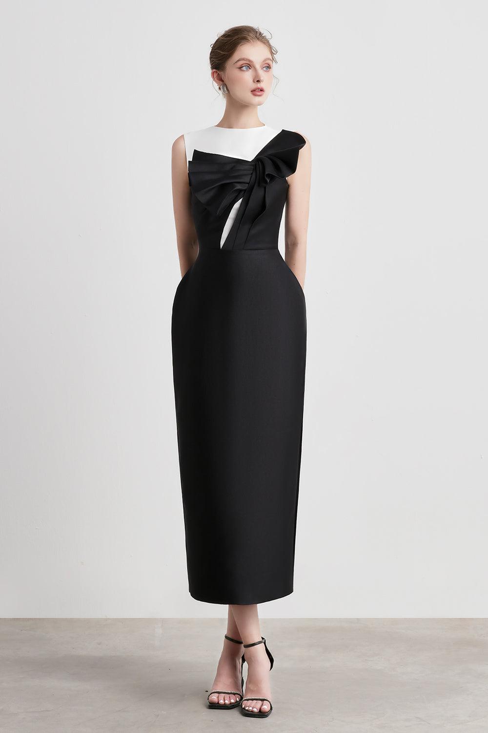 CAVIAR SLEEVELESS TAFFETA MIDI DRESS, PEGGED SILHOUETTE