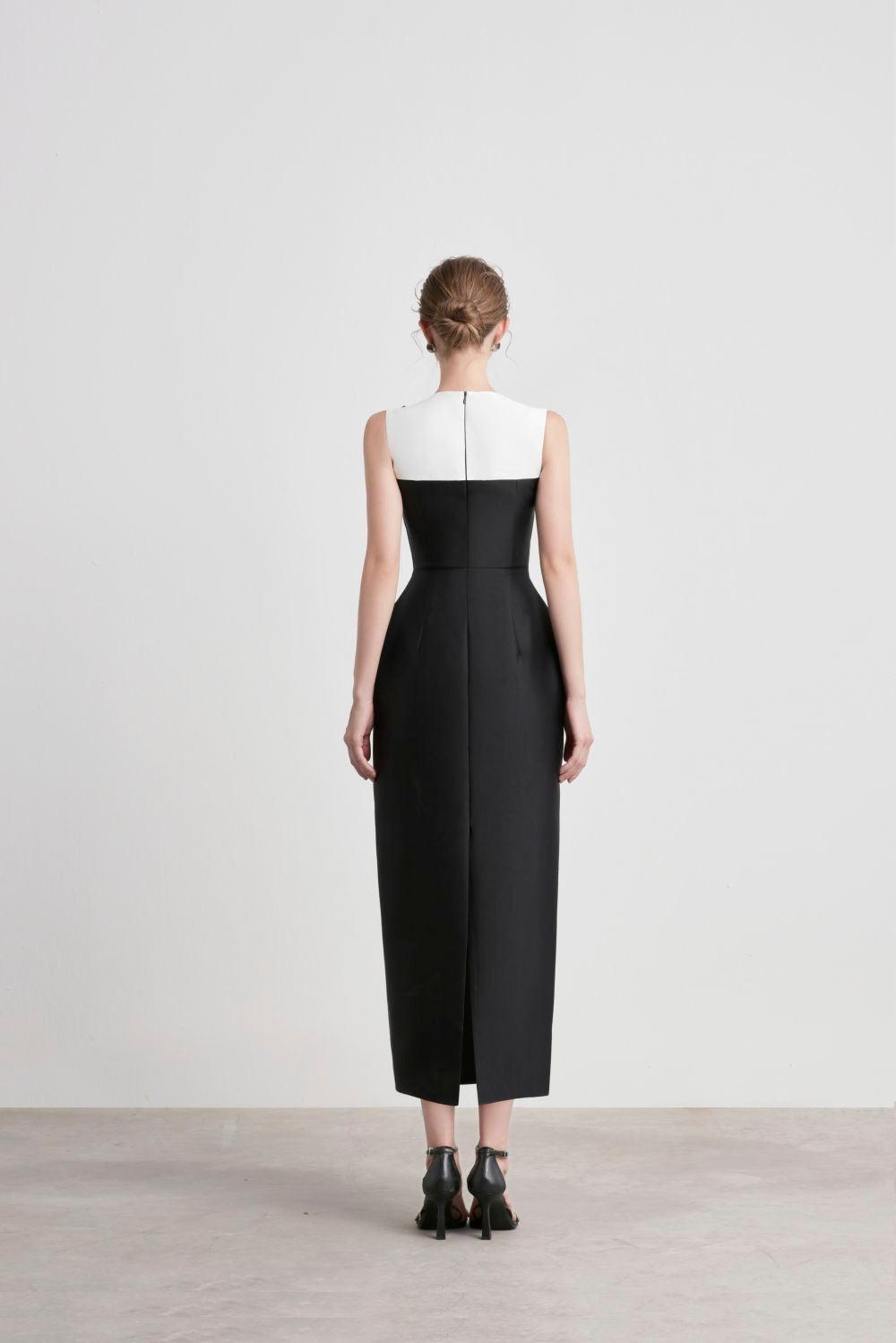 CAVIAR SLEEVELESS TAFFETA MIDI DRESS, PEGGED SILHOUETTE