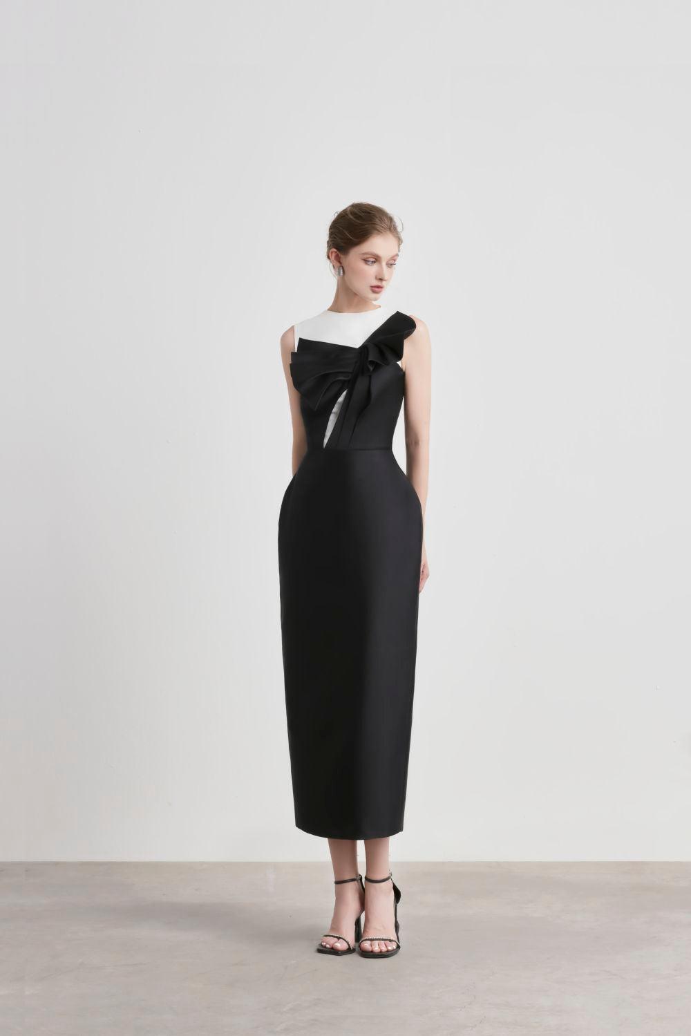 CAVIAR SLEEVELESS TAFFETA MIDI DRESS, PEGGED SILHOUETTE