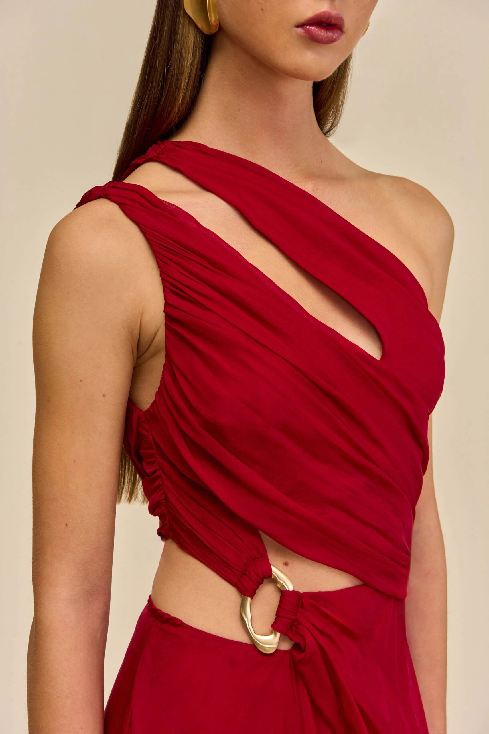 AGATHA ONE-SHOULDER RED SILK GOWN, HIGH SLIT
