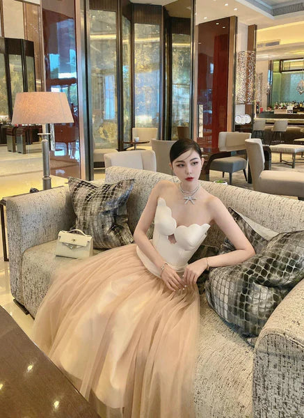 TWO-TONE TUBE TOP TULLE MIDI DRESS