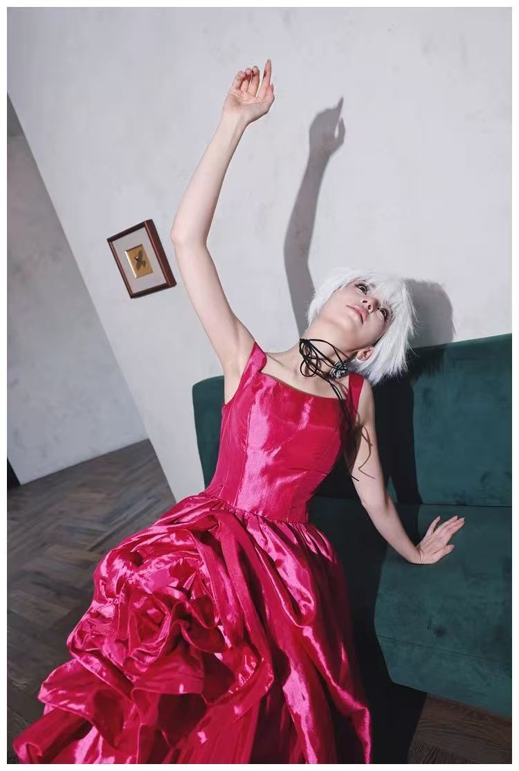 FUCHSIA SQUARE NECK 3D FLOWER TAFFETA BALL GOWN