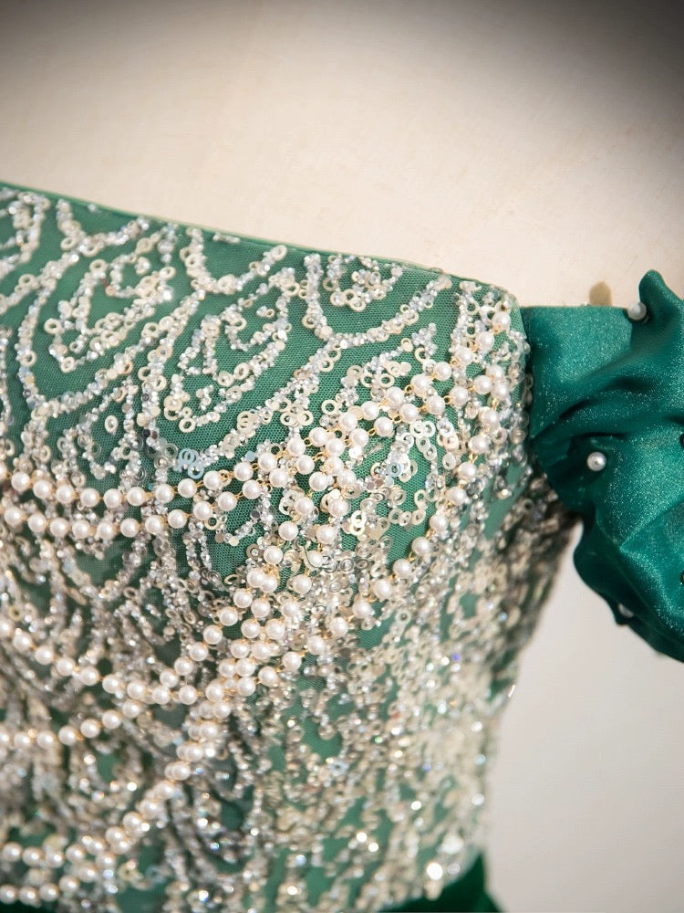 A-LINE VELVET SEQUIN GREEN COCKTAIL DRESS