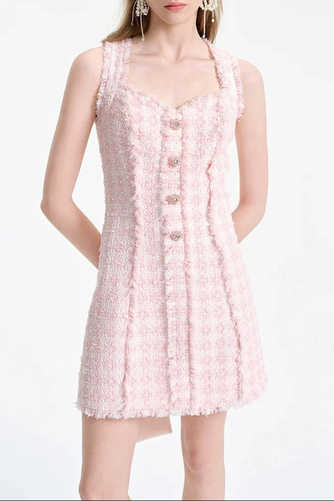 OPHELIA PINK SQUARE NECK TWEED MINI DRESS