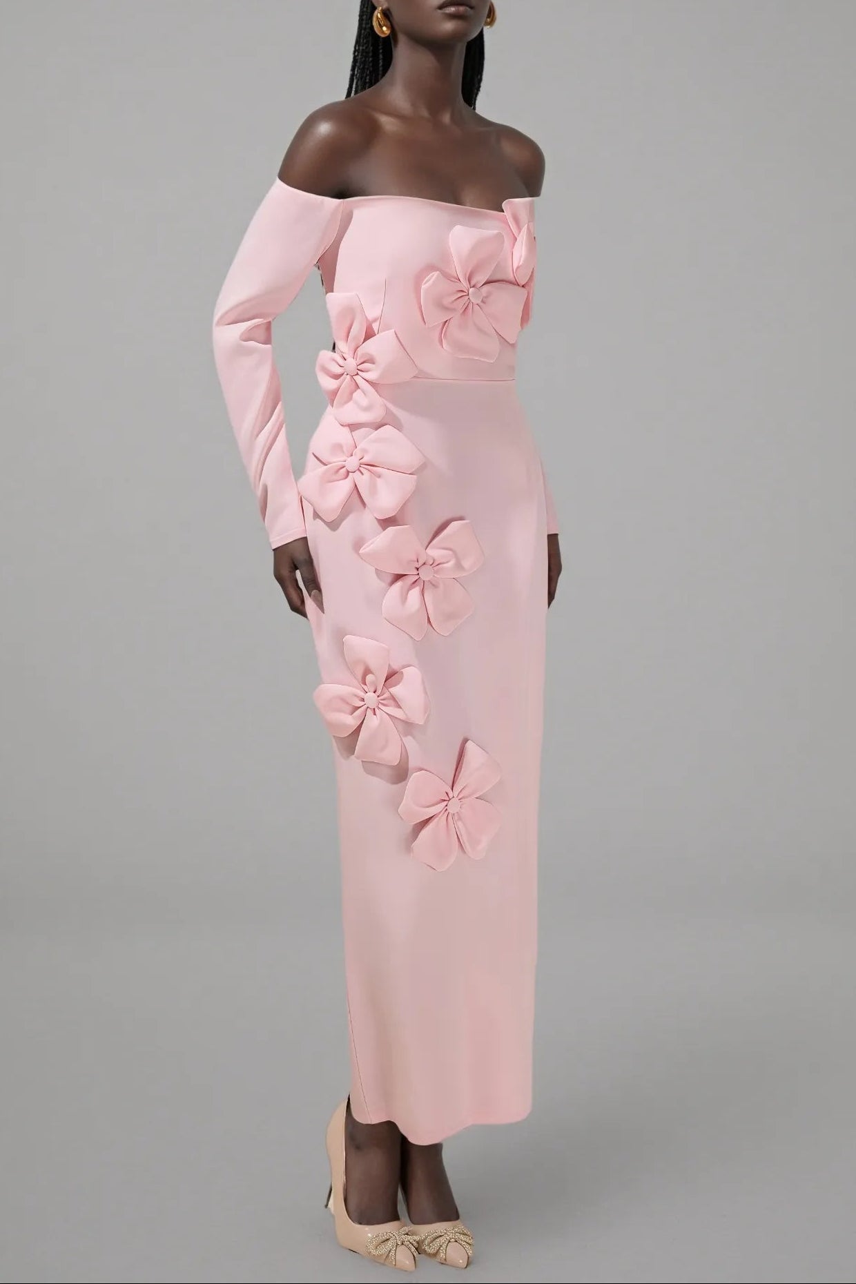 HILARY PINK 3D FLOWER STRAPLESS MIDI DRESS