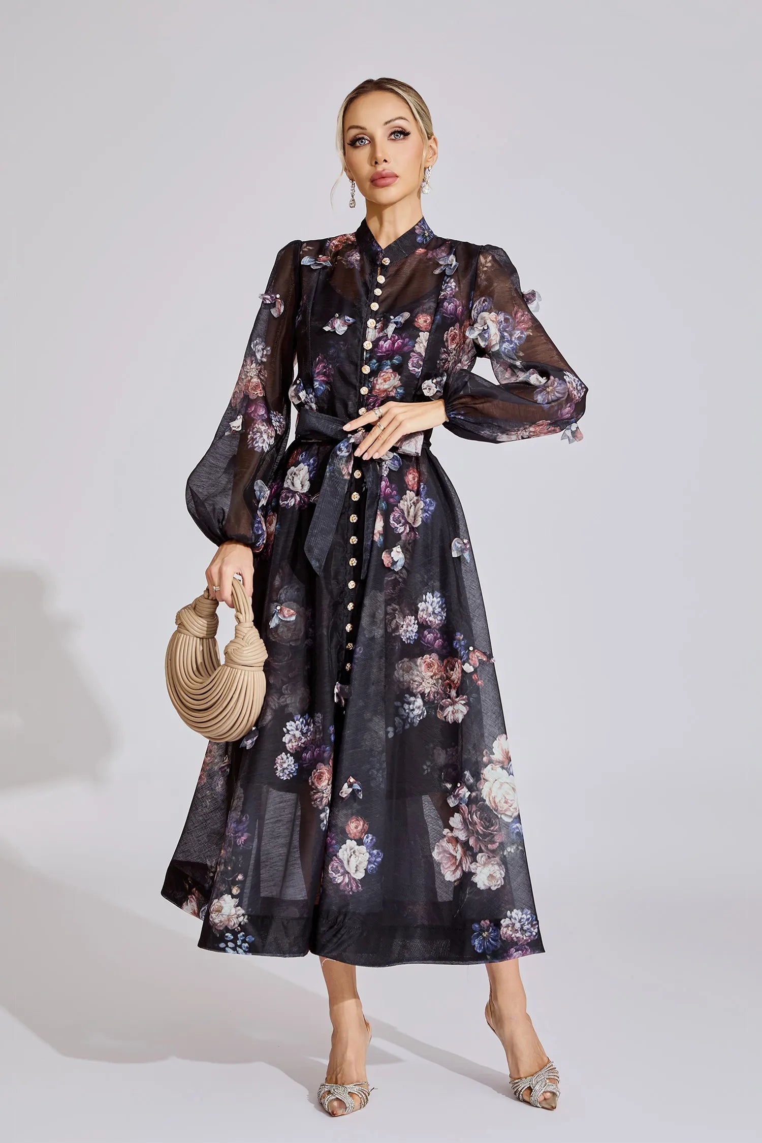 TIFFANY BLACK FLORAL PUFF SLEEVE MAXI DRESS