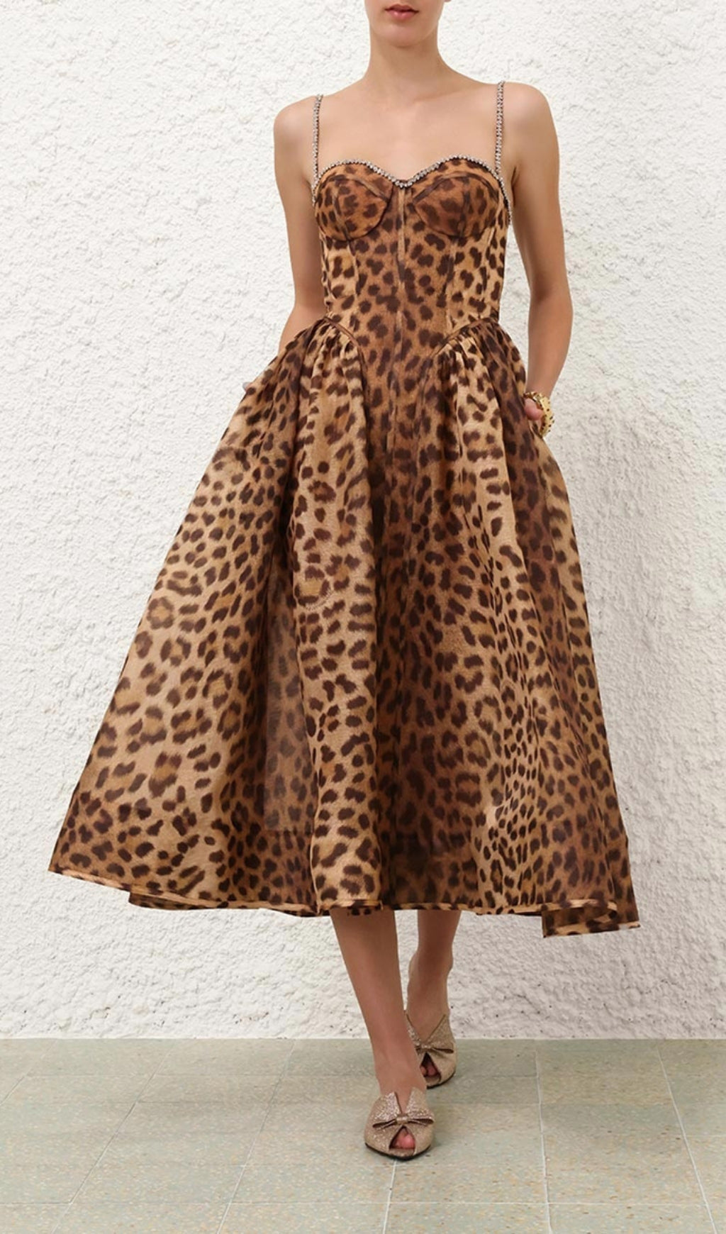 ANIMAL PRINT CRYSTAL BUSTIER A-LINE MIDI DRESS