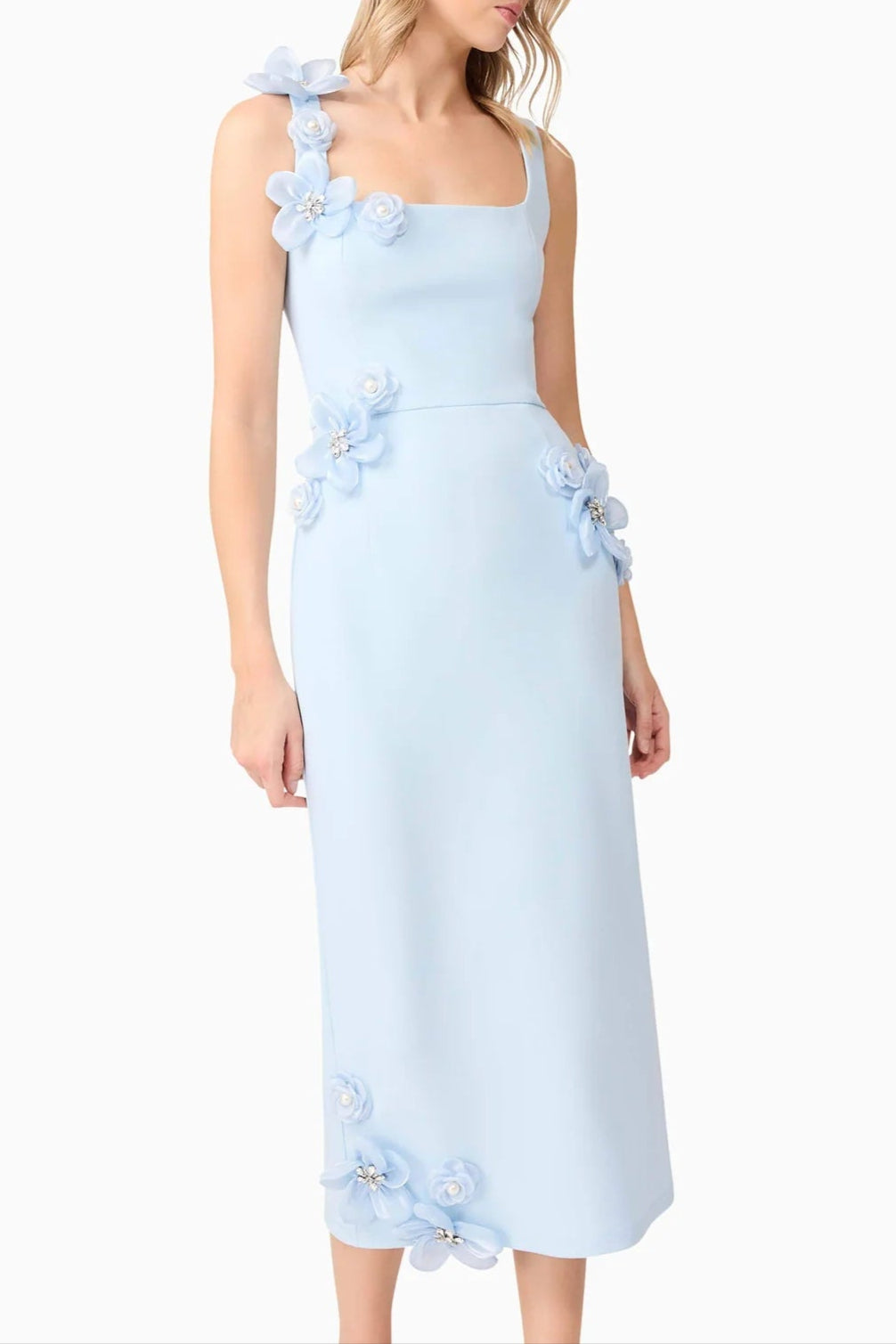 SABRINA 3D FLOWER MIDI DRESS BLUE WEDDING GUEST