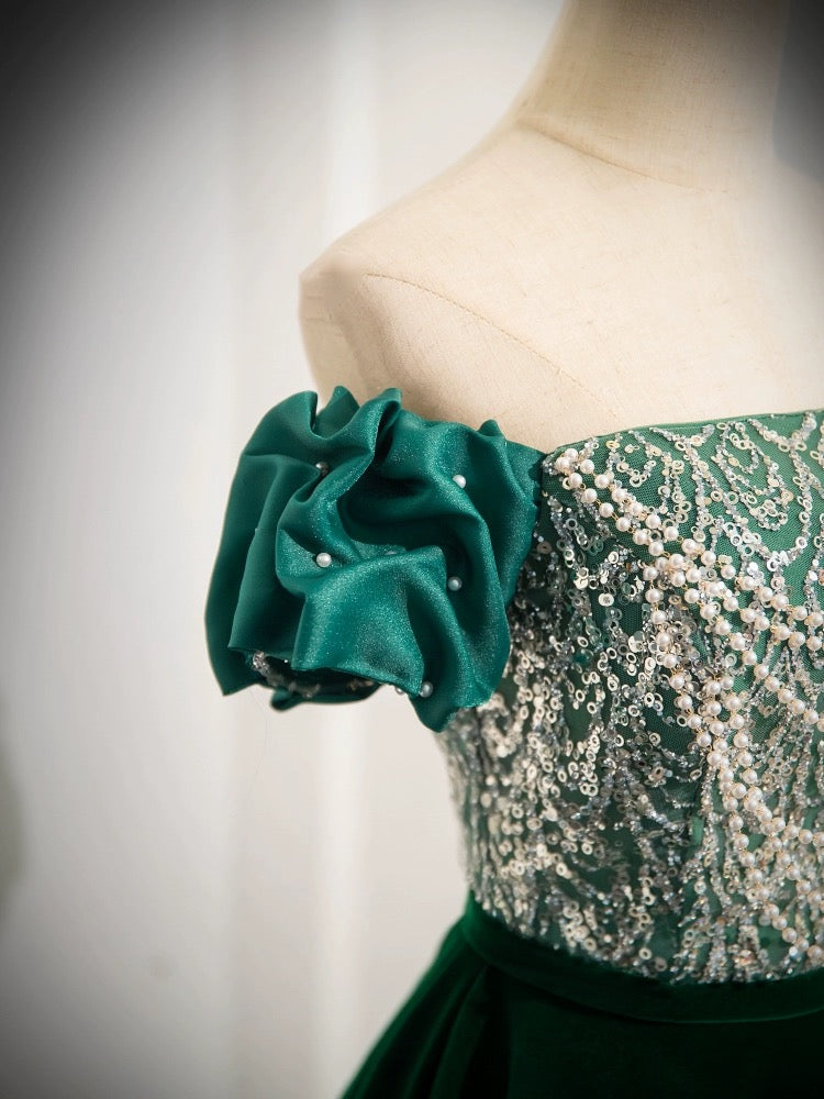 A-LINE VELVET SEQUIN GREEN COCKTAIL DRESS