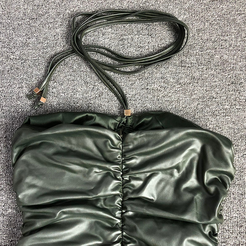 GREEN BACKLESS PLEATED DRESS, BARE BACK, COCKTAIL