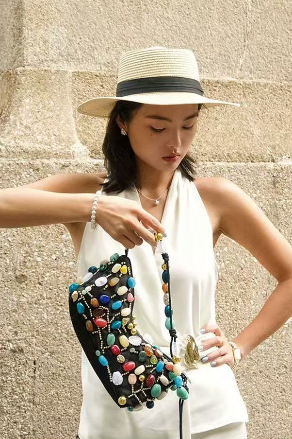 BEADED CRESCENT SHOULDER BAG – COLORFUL STONE EVENING PURSE