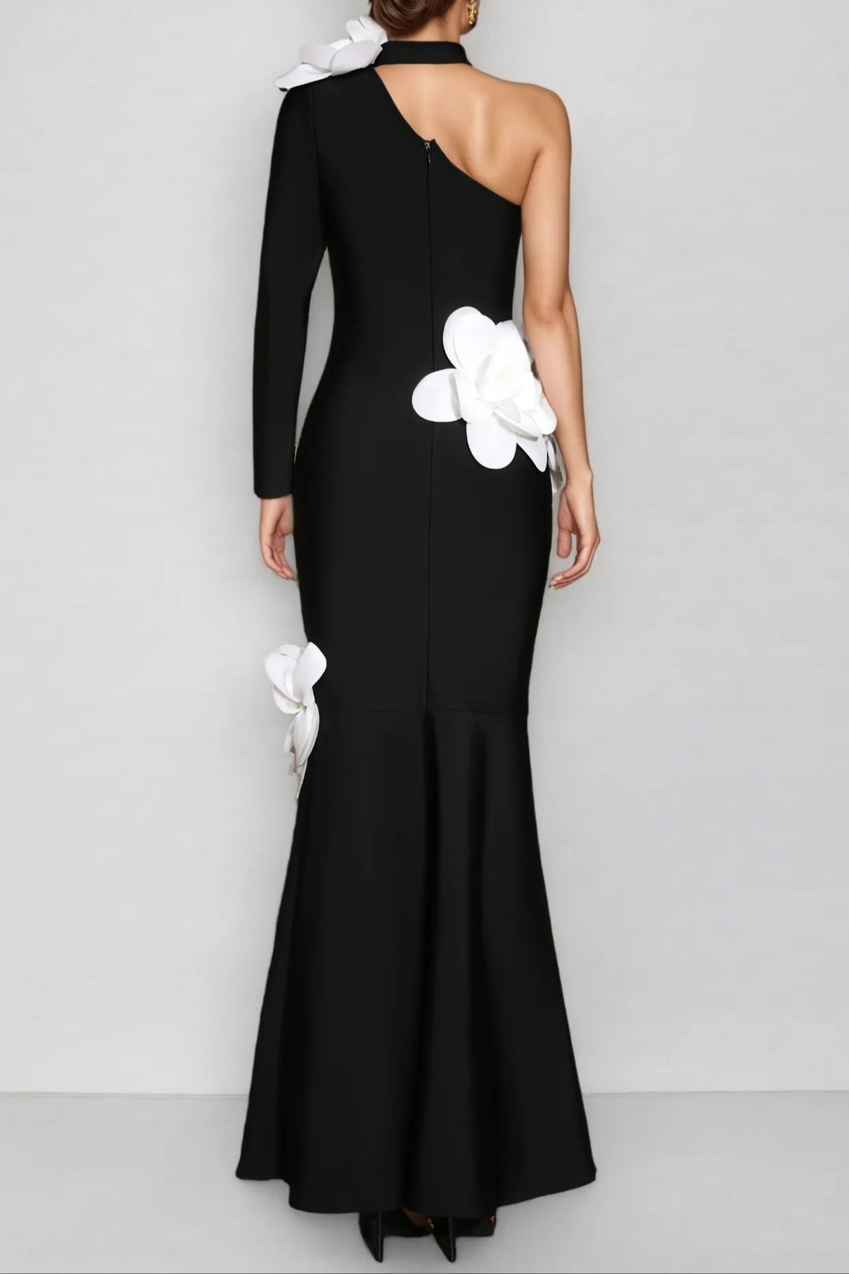 GEMMA ONE SHOULDER 3D FLOWER BANDAGE MAXI DRESS BLACK