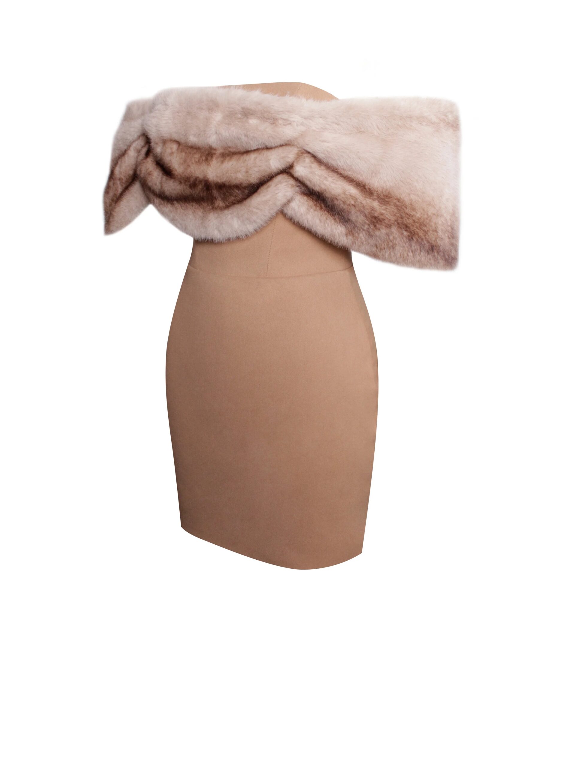 TURMERIC OFF-SHOULDER FUR TRIM MINI DRESS