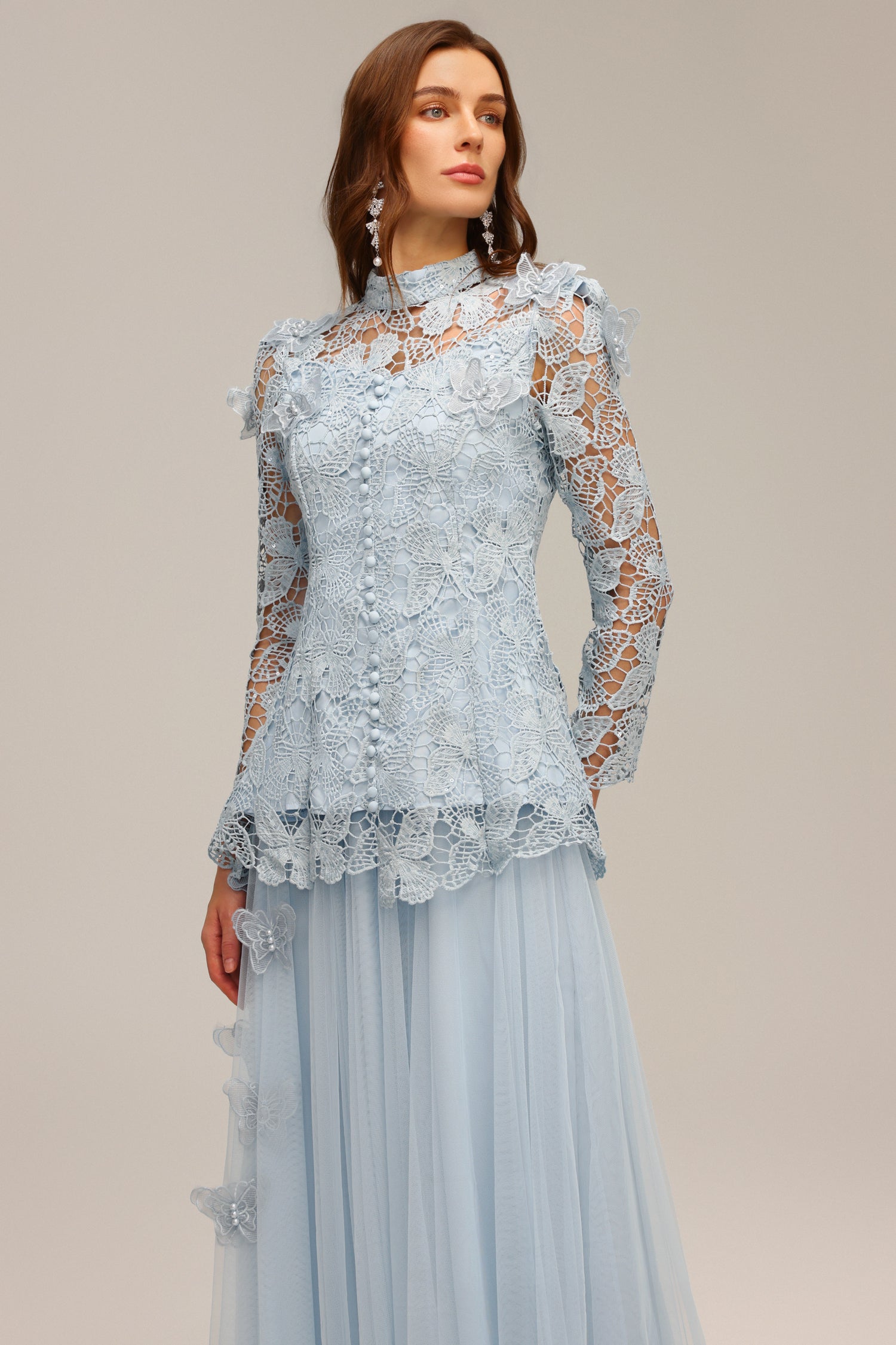 YVETTE BLUE LACE TWO-PIECE SET | LONG SLEEVE BUTTERFLY TOP & SKIRT