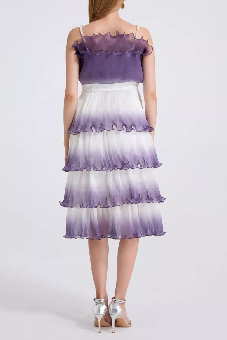 PURPLE GRADIENT RUFFLE LAYERED MINI DRESS