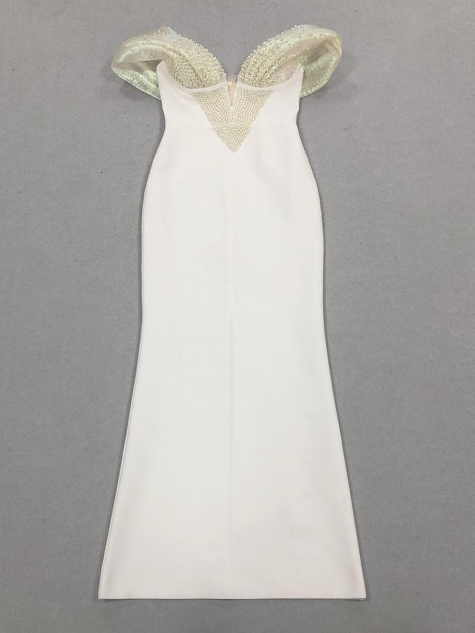 OFF-SHOULDER PEARL BODYCON MAXI DRESS WHITE
