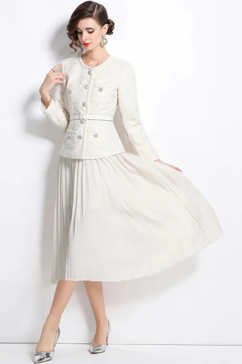 CREAM SEQUIN BOUCLE TAILORED MIDI DRESS FOR EVENTS