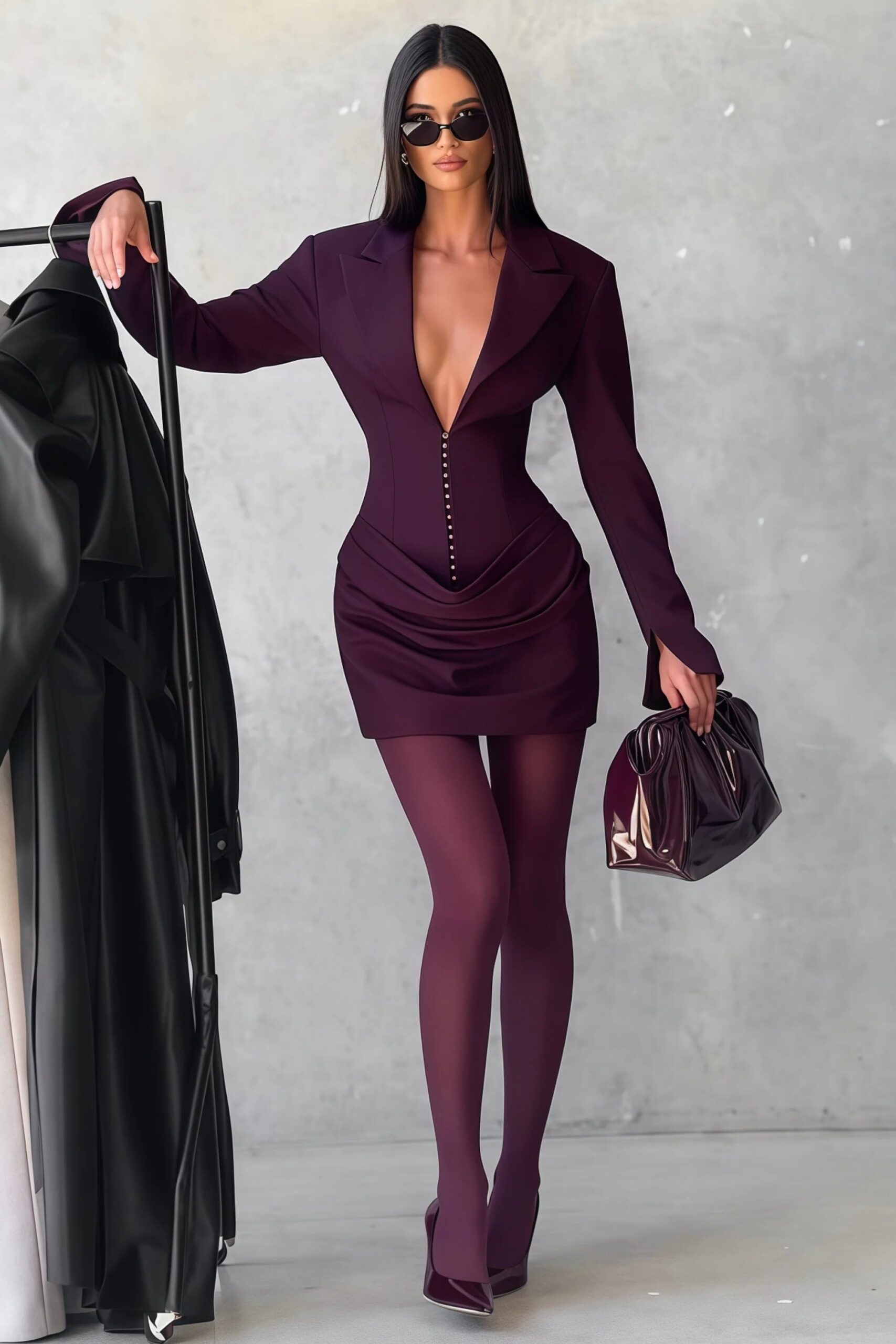 AMELIA V-NECK RUCHED BLAZER MINI DRESS IN WINE RED