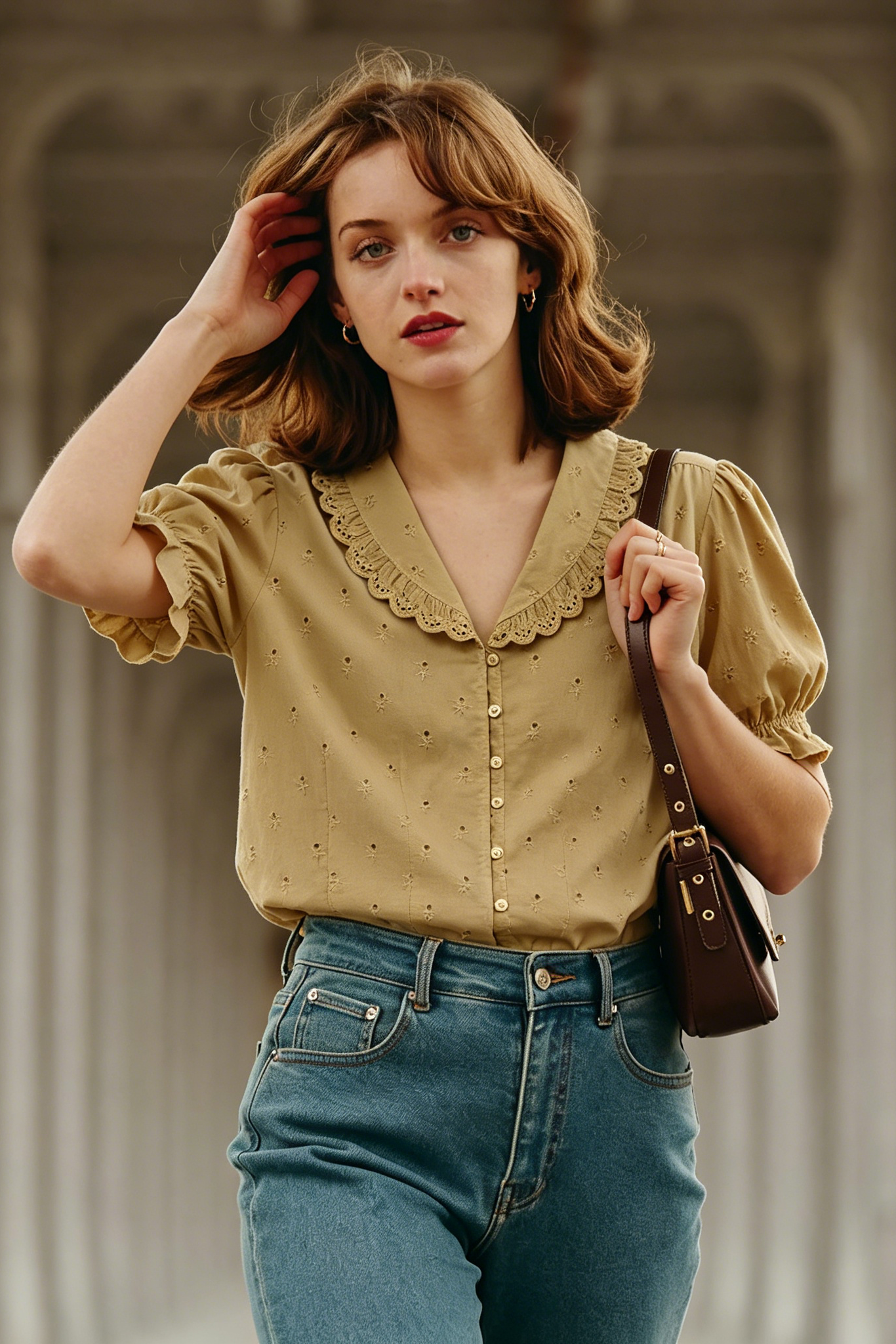 LACE EMBROIDERED SHORT SLEEVE SHIRT TOP FOR CASUAL WORK