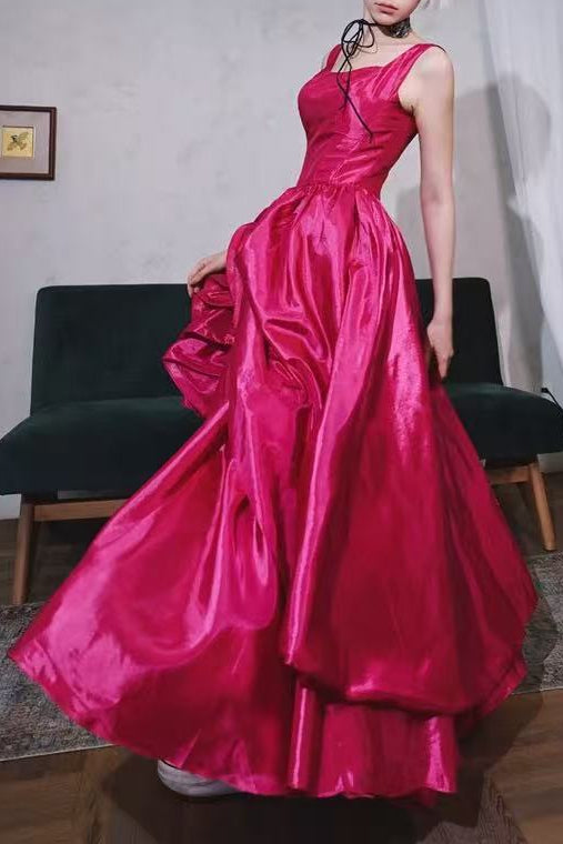 FUCHSIA SQUARE NECK 3D FLOWER TAFFETA BALL GOWN