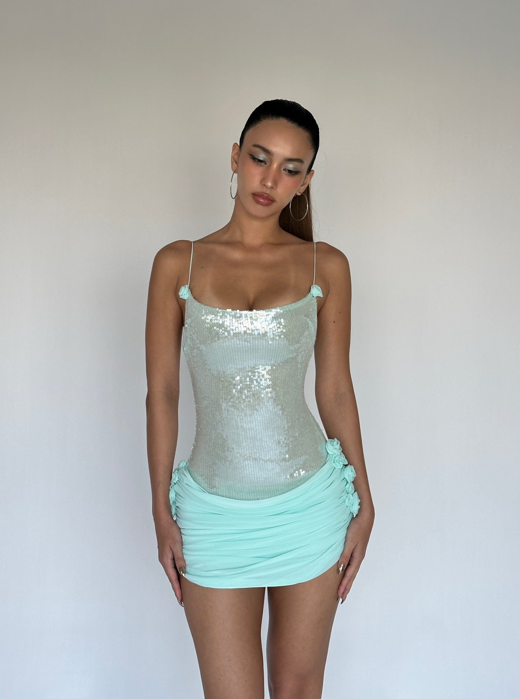 MOLLY MINT SEQUIN CHIFFON MINI DRESS FOR PARTY