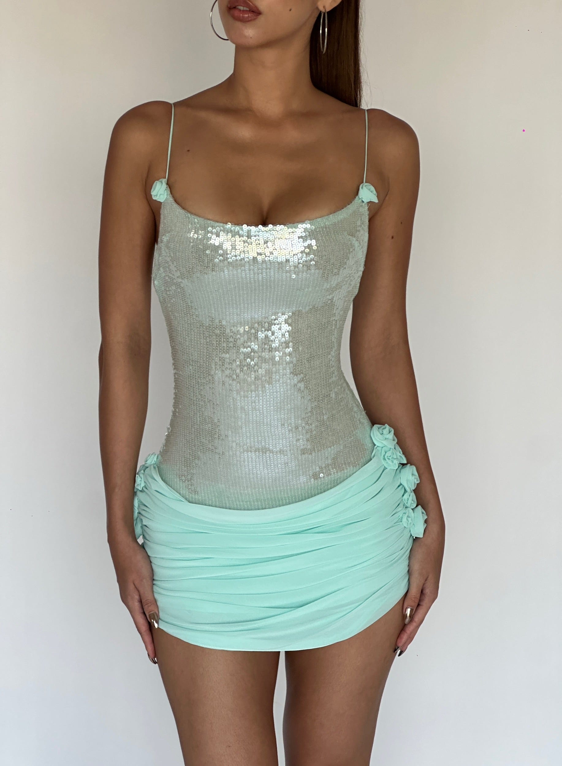 MOLLY MINT SEQUIN CHIFFON MINI DRESS FOR PARTY