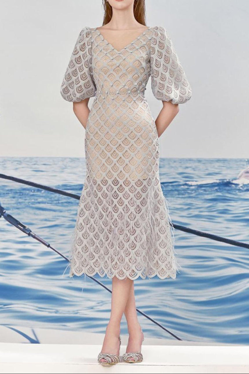 CIARA LACE TRUMPET MIDI DRESS, BISHOP SLEEVES, EVENT