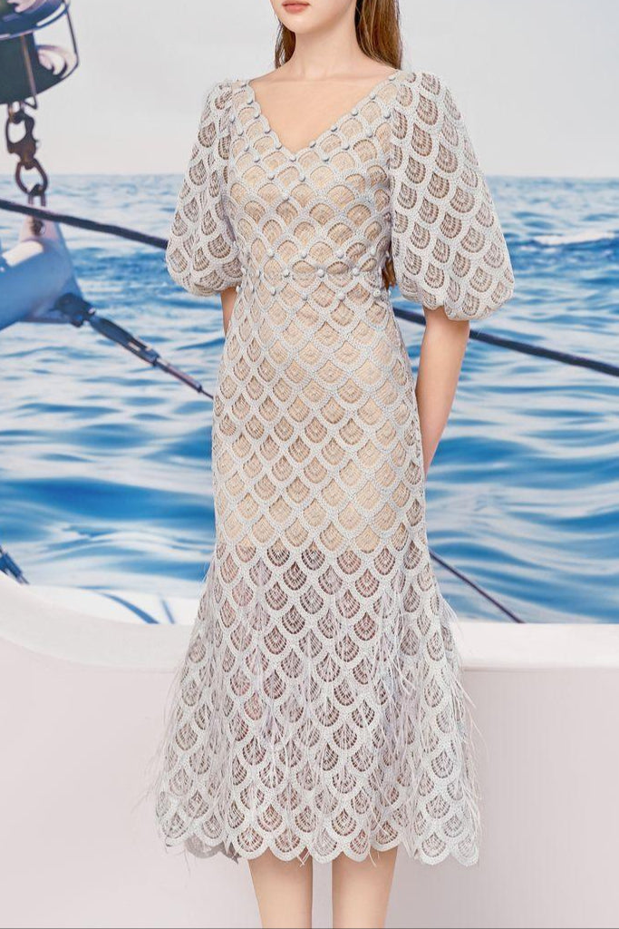 CIARA LACE TRUMPET MIDI DRESS, BISHOP SLEEVES, EVENT