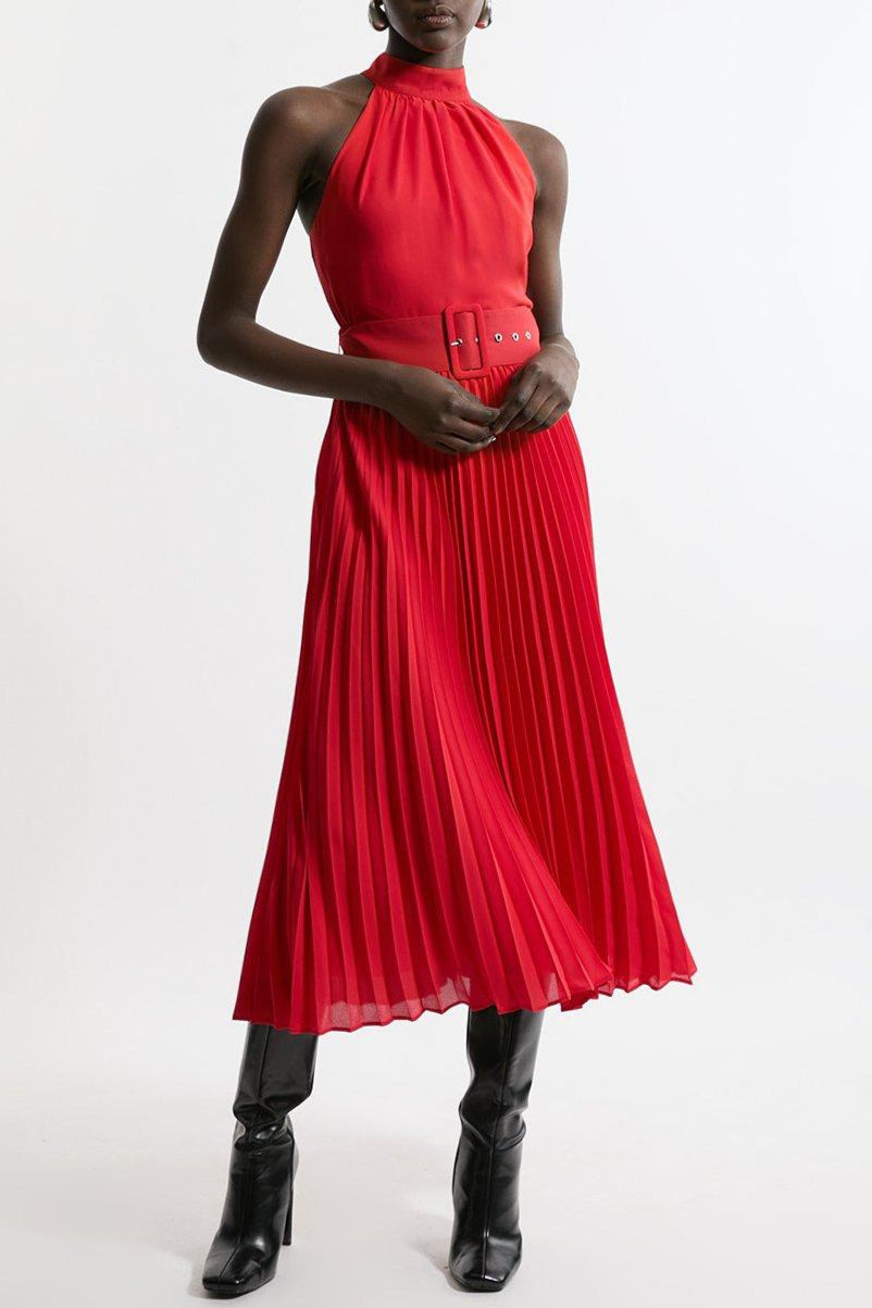 GEORGETTE BELTED HALTER PLEATED MIDI DRESS