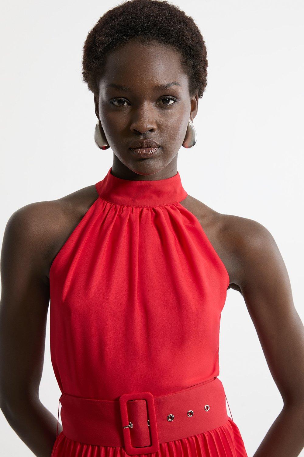 GEORGETTE BELTED HALTER PLEATED MIDI DRESS