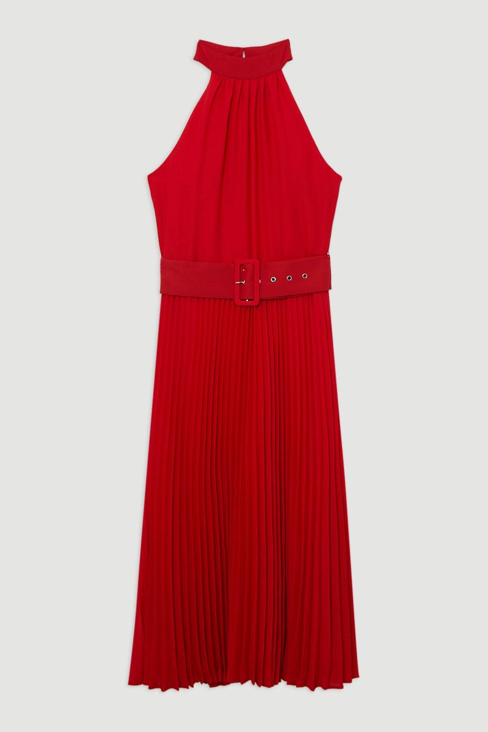 GEORGETTE BELTED HALTER PLEATED MIDI DRESS