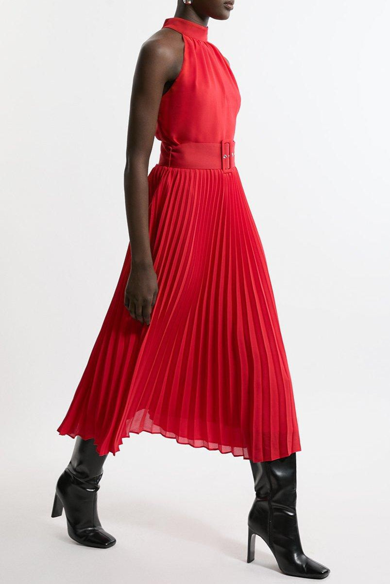 GEORGETTE BELTED HALTER PLEATED MIDI DRESS