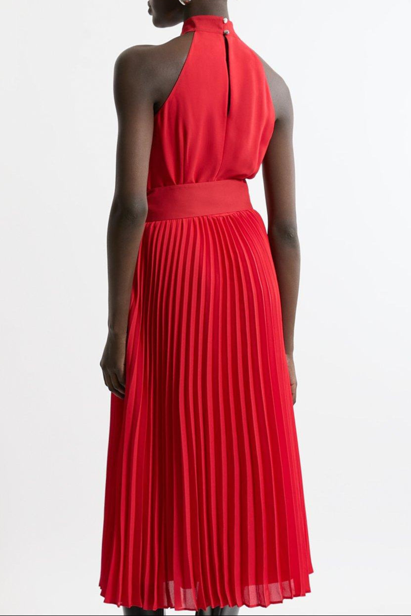 GEORGETTE BELTED HALTER PLEATED MIDI DRESS