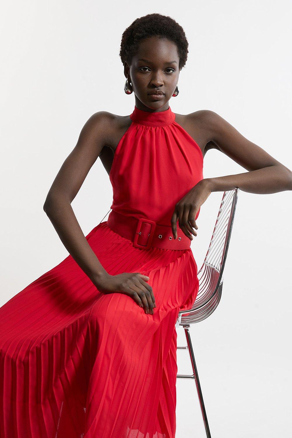 GEORGETTE BELTED HALTER PLEATED MIDI DRESS