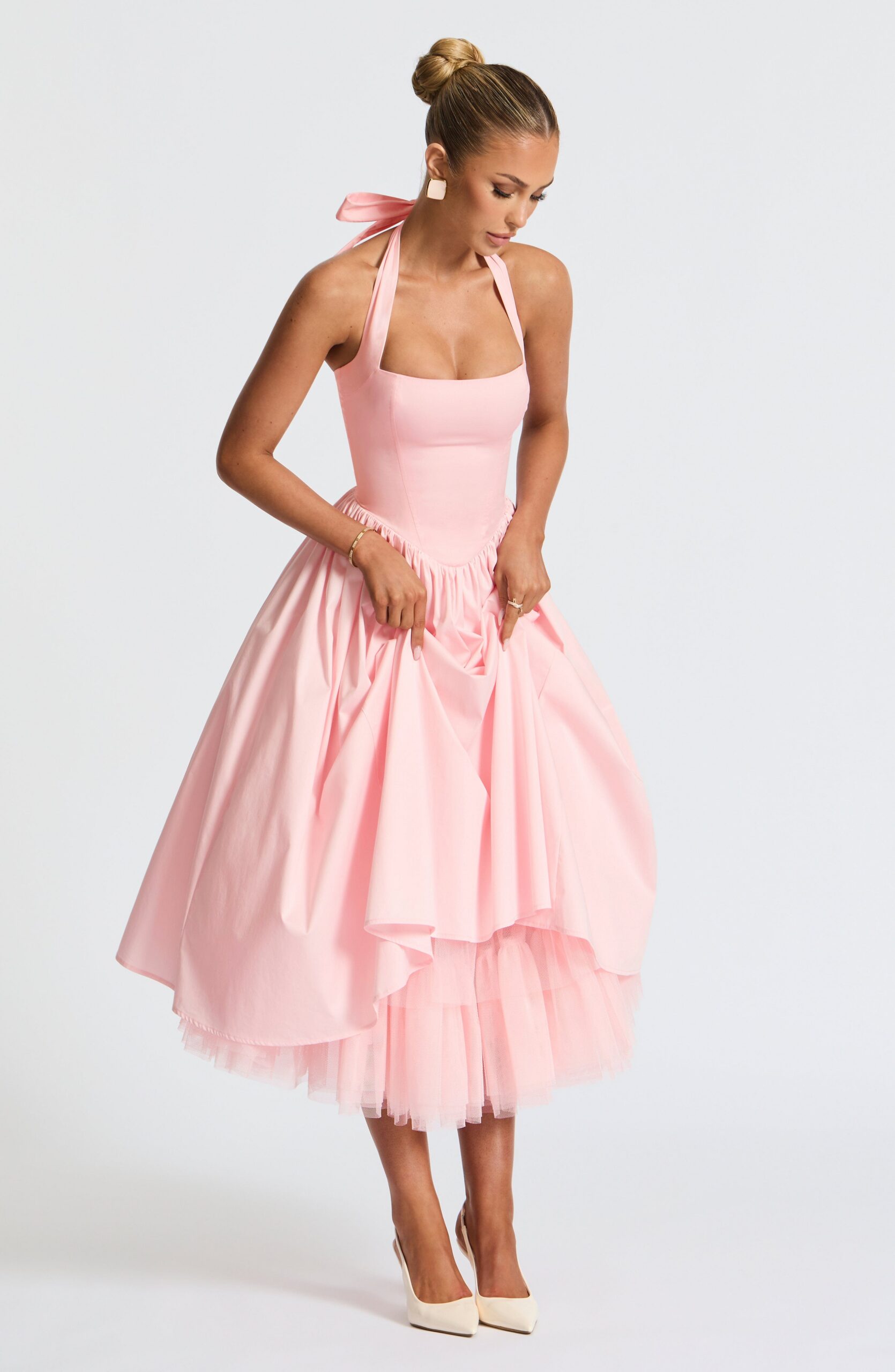 CRESSIDA BACKLESS PUFFY MIDI DRESS BLUSH