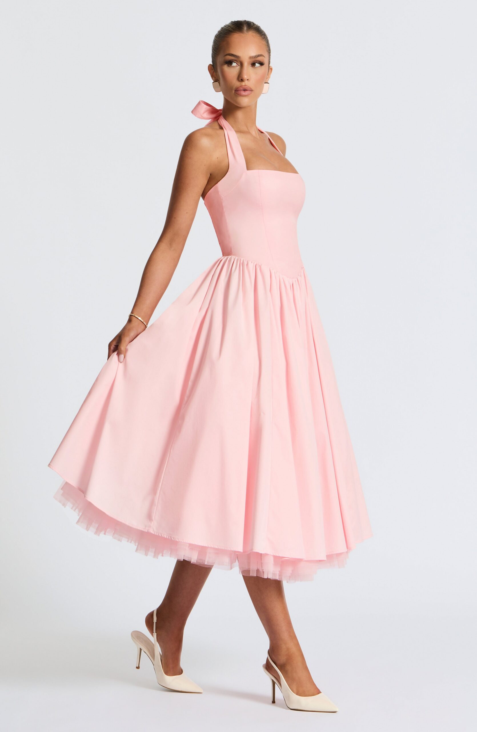 CRESSIDA BACKLESS PUFFY MIDI DRESS BLUSH