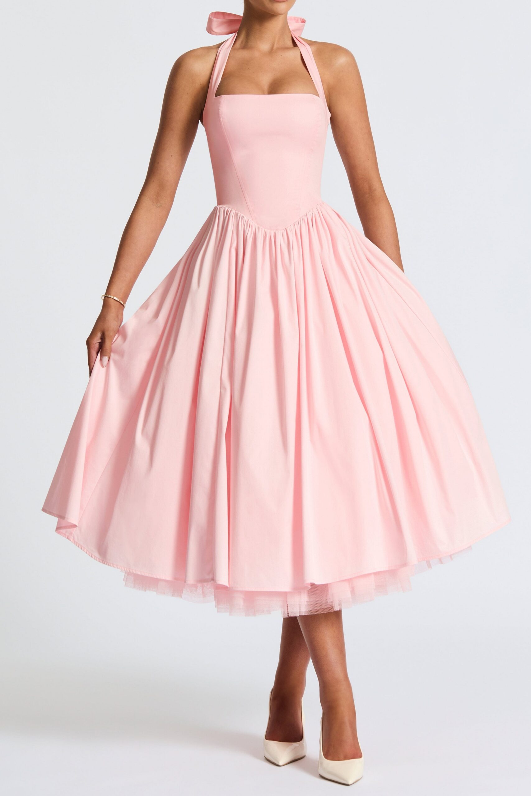 CRESSIDA BACKLESS PUFFY MIDI DRESS BLUSH