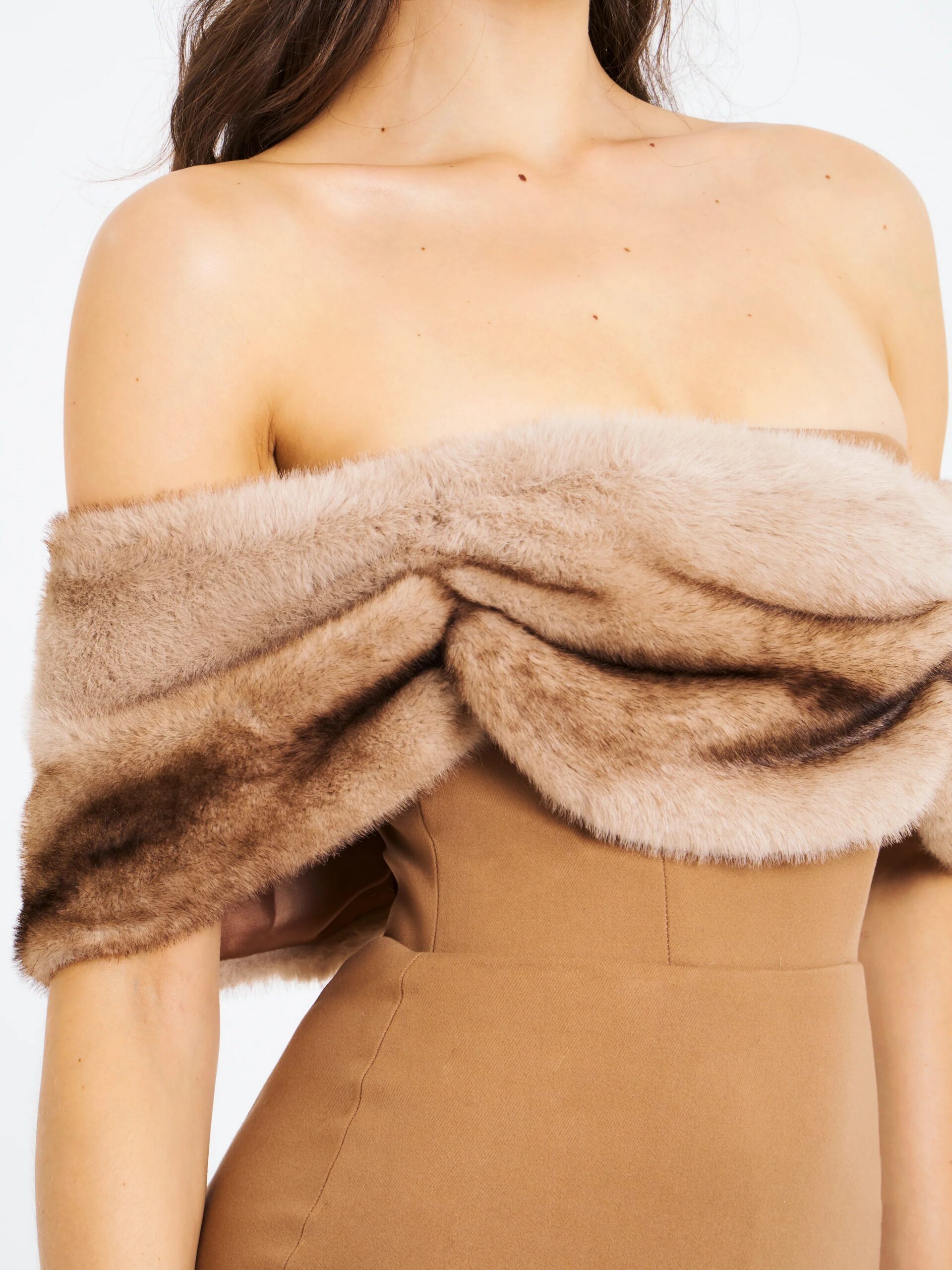 TURMERIC OFF-SHOULDER FUR TRIM MINI DRESS