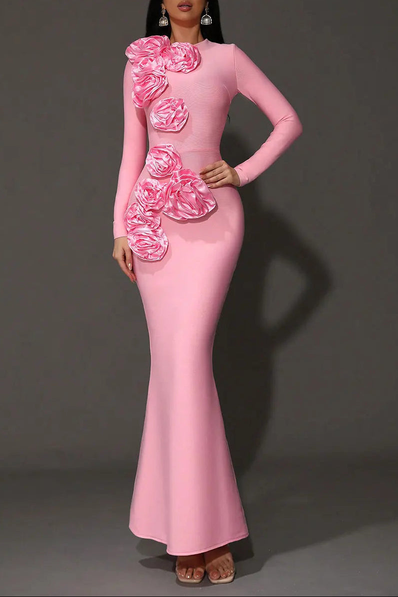 d05b2484-eb70-4e3b-a68f-8ad517a68f63 SALLY 3D FLOWER BANDAGE MAXI DRESS PINK