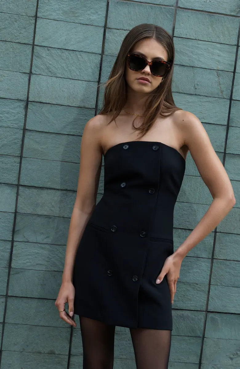 DOUBLE BREASTED STRAPLESS MINI DRESS BLACK