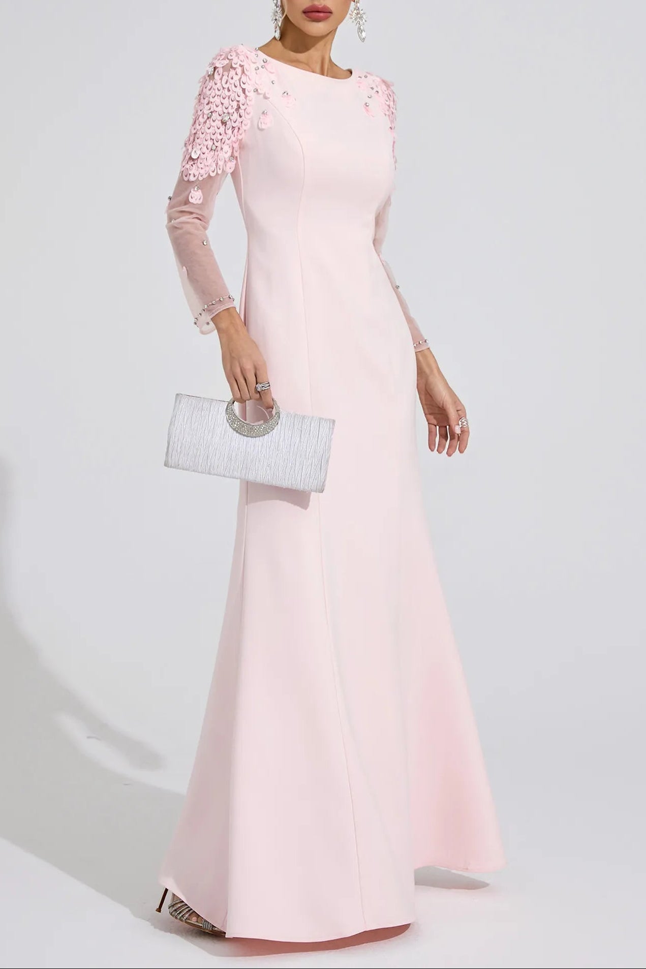VICTORIA PINK SEQUIN MESH SLEEVE MAXI DRESS