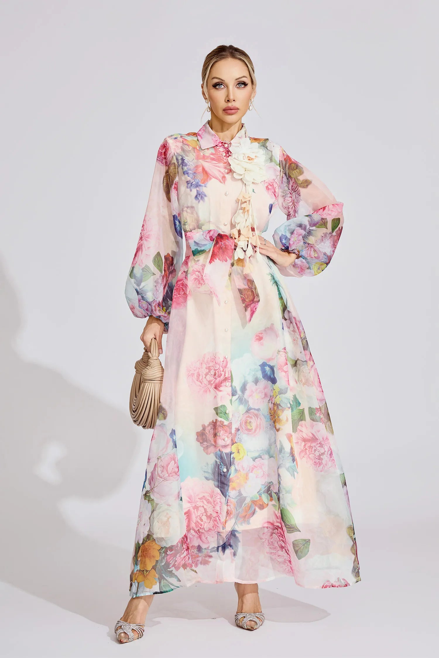 VIVIEN PINK FLORAL LANTERN SLEEVE MAXI DRESS