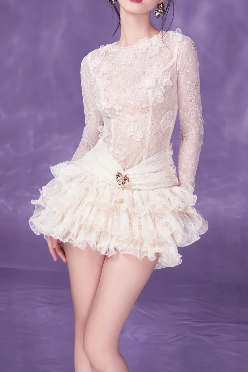 EUDORA LACE MINI DRESS WHITE, RUCHED EMBROIDERY PARTY