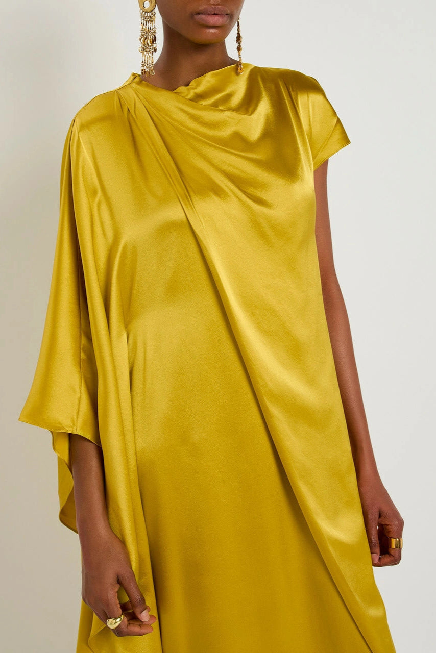 YELLOW SILK DRAPED MAXI DRESS FOR EVENTS