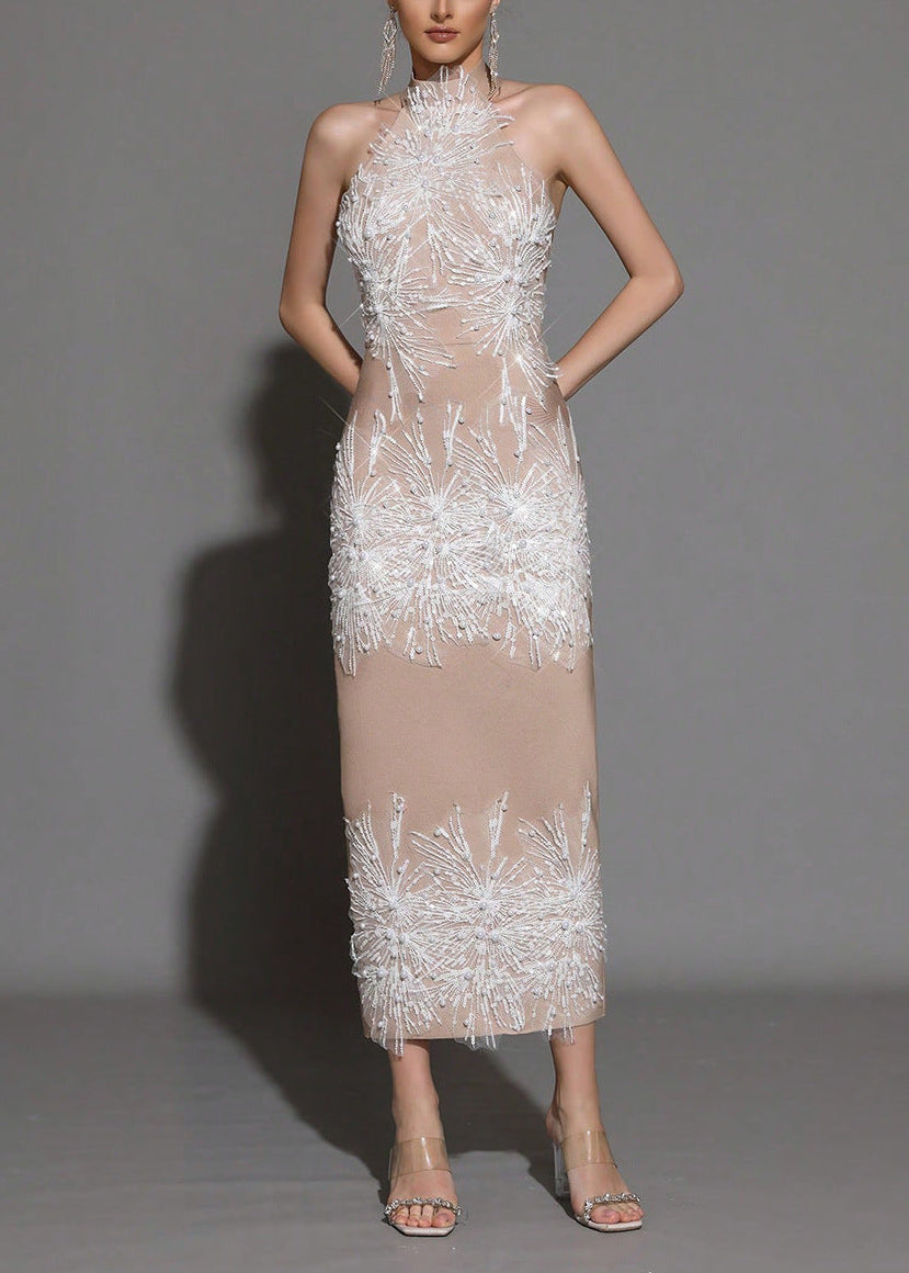 PANDORA KHAKI BEADED SEQUIN BANDAGE MAXI DRESS