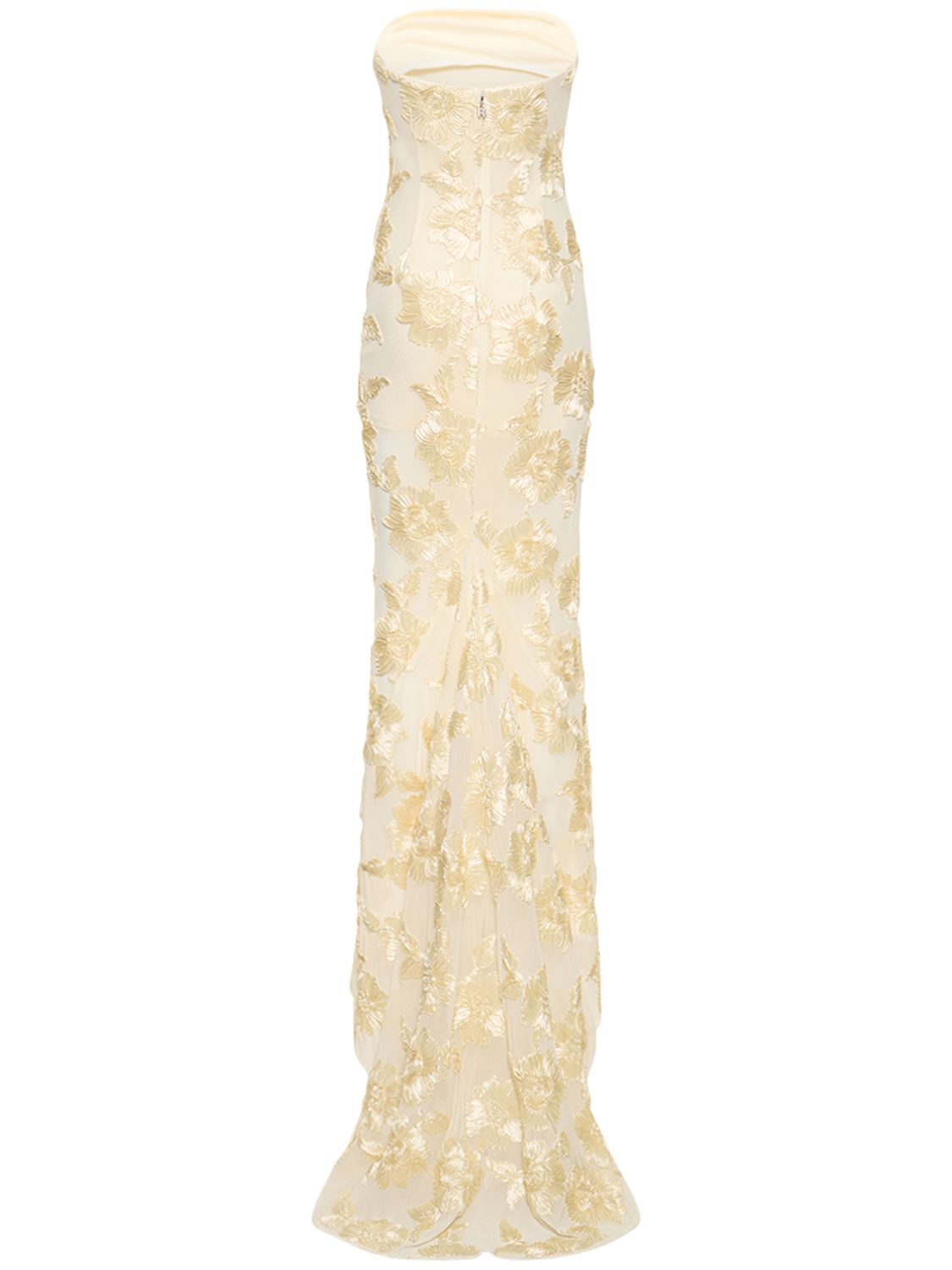 EMBROIDERED STRAPLESS APRICOT GOWN, FORMAL