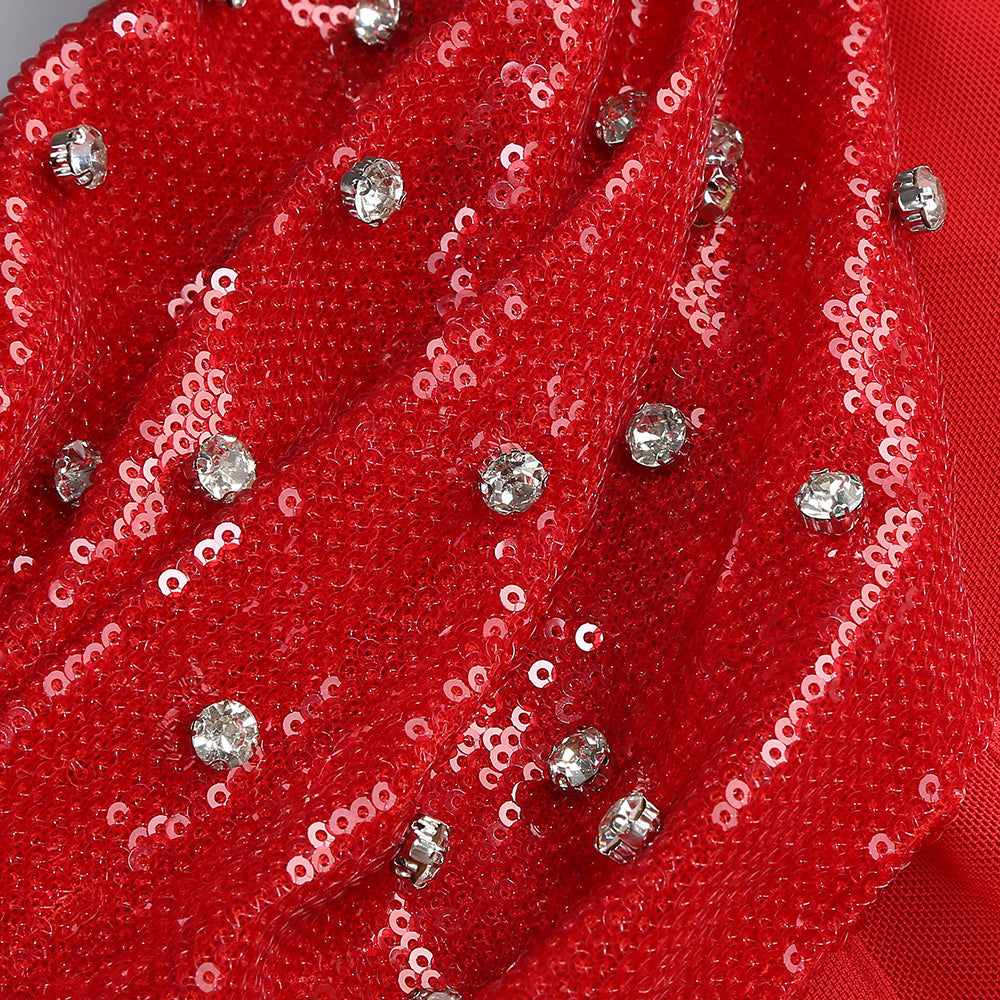 ELMA ONE-SHOULDER RED MAXI SLIT CRYSTAL DRESS