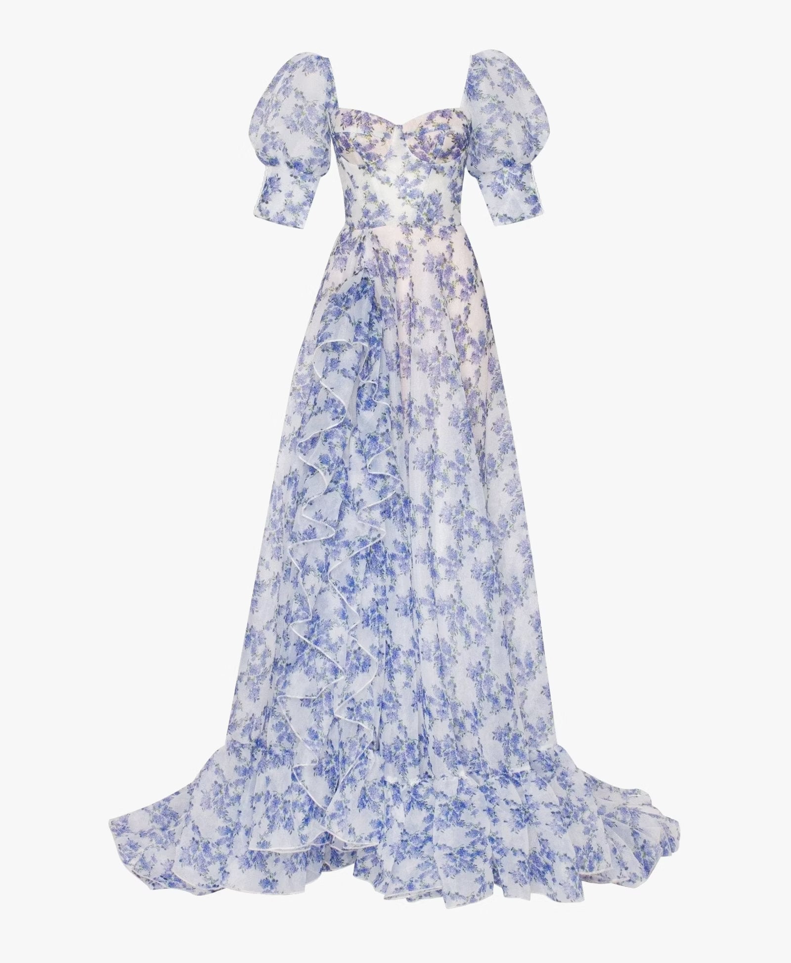 BLUE HYDRANGEA MAXI PRINCESS DRESS, A-LINE, WEDDING GUEST
